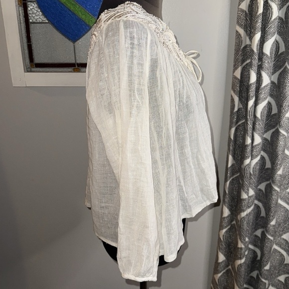 Calypso St. Barth Beaded Neckline Semi Sheer Gauzy Cotton Cropped Blouse - Picture 7 of 10